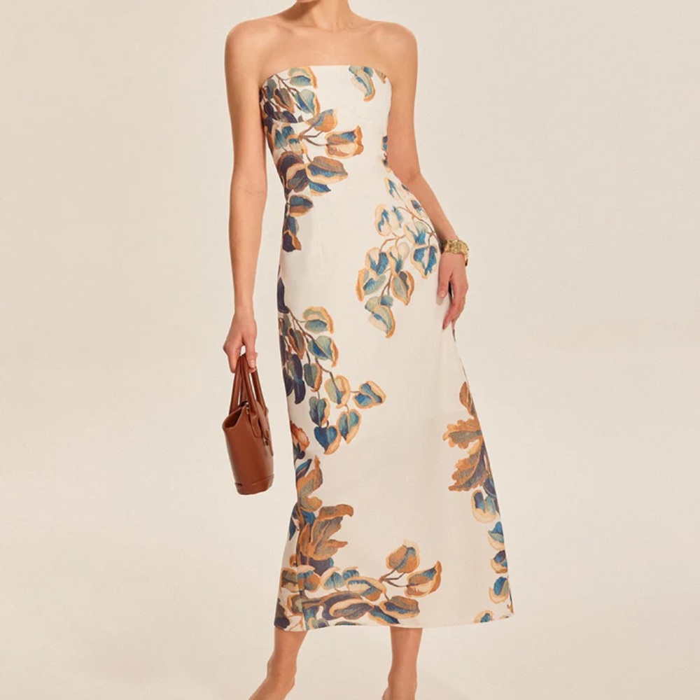 Commense Strapless Floral Midi Dress - White and Blue